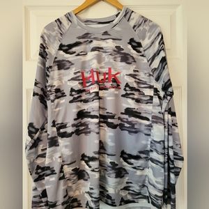 HUK Men's Pursuit Camo Vented Long Sleeve 30 UPF Fishing Shirt GRAY Size L